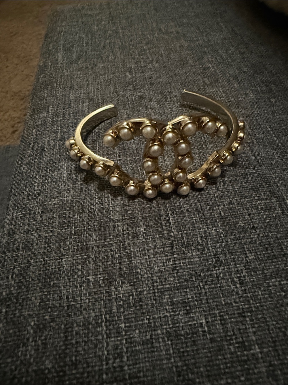 CHANEL Gold Pearl Double C Open Cuff Bracelet